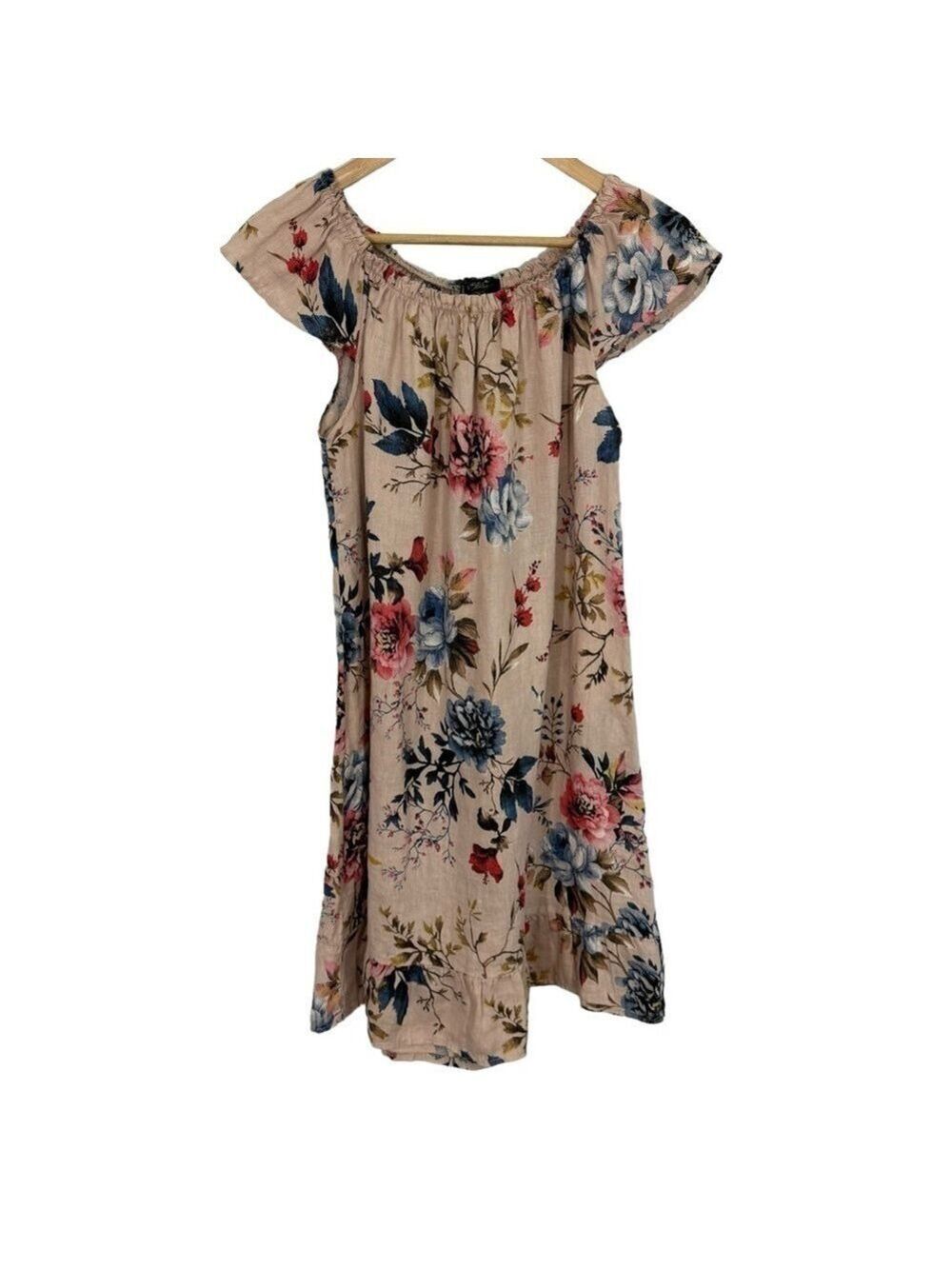 Lungo L’Arno 100% Linen Floral Dress Womens XL Pink Knee Length Ruffle EUC